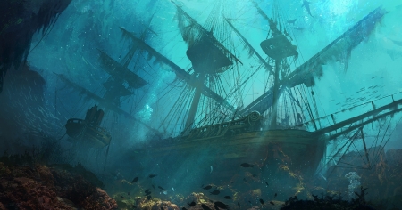 Shipwreck - fantasy, wreck, underwater, Shipwreck, HD, 4K, wallpaper