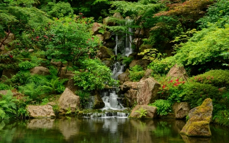 Japanese garden - greenery, cascades, beautiful, spring, forest, stones, wildflowers, waterfall, garden, park, rocks, japanese