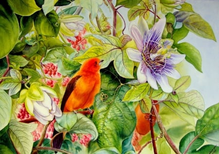 Spring bird - pretty, bird, beautiful, spring, freshness, leaves, flowers, painting, art, song