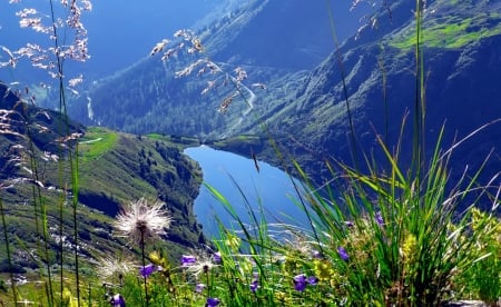 View of mountain lake - hills, beautiful, slope, spring, grass, mountain, wildflowers, view, cliffs, lake, rocks