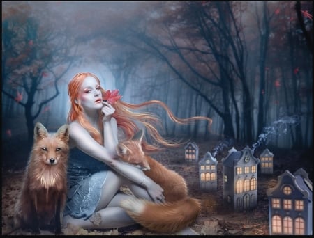 Home for strangers - redhead, girl, home for strangers, vulpe, fantasy, 1simplemanips1, fox, forest, manipulation, luminos, animal