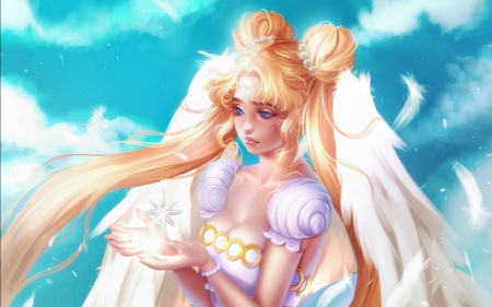 Princess Serenity - feather, blonde, anime, girl, numyumy, blue, manga, art, wings, white, fantasy, sailor moon, luminos, angel