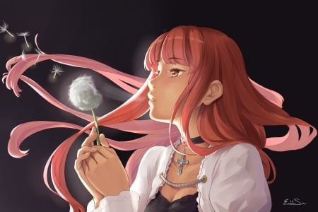 Make a wish - black, manga, anime, white, girl, dandelion, tagme, pink