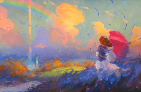 After the storm - yellow, summer, blue, girl, flower, petals, paitning, pictura, fantasy, wind, umbrella, rainbow, red, sylar113, art, luminos