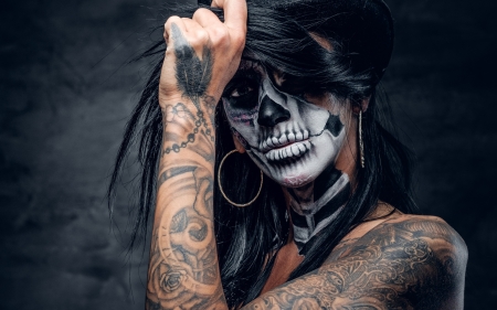 Halloween makeup - tattoo, girl, dia de los muertos, skull, black, hand, woman, model, halloween, face, brunette