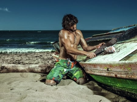 Marlon Teixeira - beach, man, marlon teixeira, green, summer, model, boat