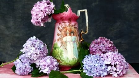 Hydrangea Still Life - women, ladies, hydrangeas, still life, spring, vase, pitcher, vintage, table