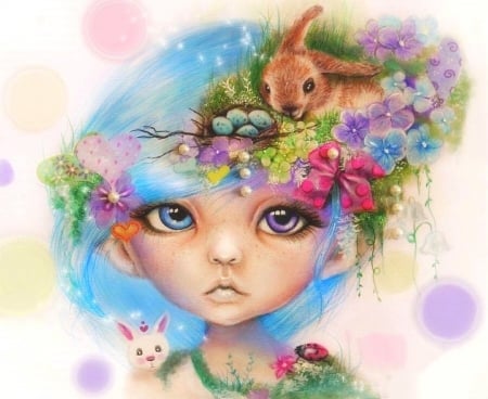 Easter Elf Eliza - paintings, girl, spring, weird things people wear, bunny, egges, easter, flowers, elf, love four seasons, draw and paint, animals