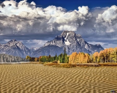 Beneaped Lake in Autumn - sky, lake, mountains, clouds, trees, nature, autumn