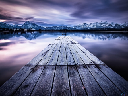 Hopfensee Lake in F�ssen, Germany - clouds, germany, hopfensee, nature, fussen, mountains, reflection, pier