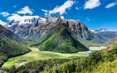 The Humboldt - valley, sky, mountain, trees, new zealand, panorama, greens, forest, river, clouds, sunny, the humboldt