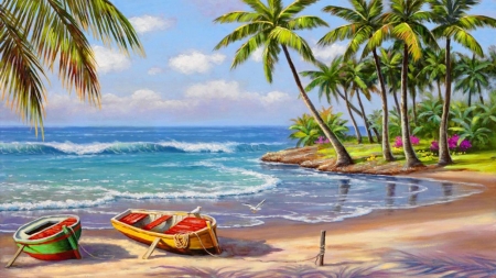 Tropical Bay - breeze, trees, beach, ocean, palm, boats, shore, nature, tropical, waves, bay