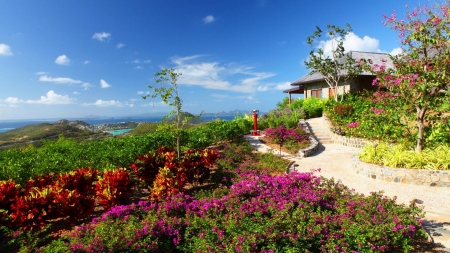 Summer Villa - slope, ocean, water, greenery, summer, shore, path, coast, villa, nature, flowers, sea