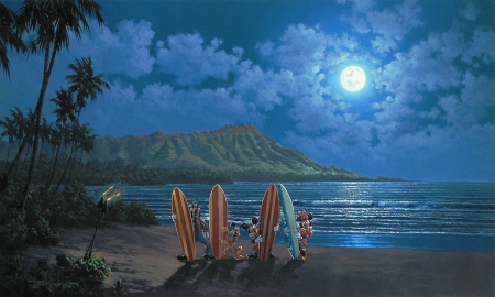 Hawaii - moon, beach, sky, minnie, summer, hawaii, mickey, painting, art, blue, rodel gonzales, pictura, luna, mouse, sea