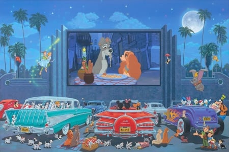 Lady and the Trump - blue, dog, retro, car, red, caine, art, luminos, luna, moon, lady and the trump, pictura, vintage, painting, cinematograf, disney, couple