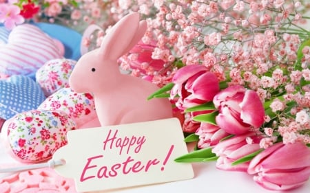 Happy Easter! - figurine, easter, bunny, spring, pink, card, tulip, egg, flower