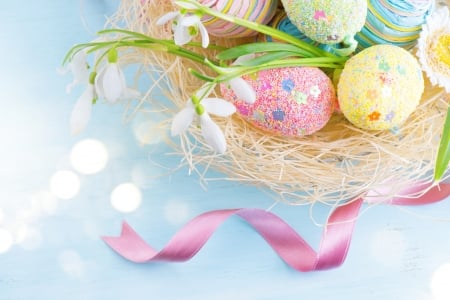 Happy Easter! - easter, snowdrops, spring, nest, pink, blue, card, egg, ribbon, flower