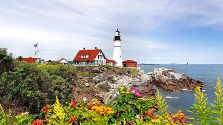 Coastal Lighthouse - flowers, house, nature, lighthouse, beach, landscape, rocks