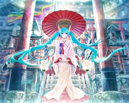 Hatsune Miku - manga, anime, umbrella, fuji chocko, blue, red, hatsune miku, kimono