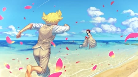 Honeymoon - cloud, pink, water, groom, beach, anime, bride, blue, manga, sky, tagme, petals, sea, couple