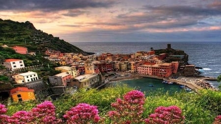 Cinque Terre,Italy - flowers, clouds, nature, cinque, houses, terre, sky