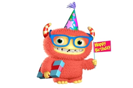 Happy Birthday! - hat, glasses, gift, monster, funny, creature, orange, party, card, birthday, cute