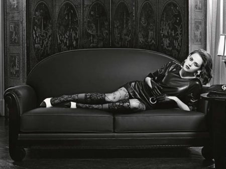 Kristen Stewart - kristen stewart, actress, 2017, sofa, wallpaper, heels, stewart, stockings, model, legs, vinyl, kristen, beautiful, fishnets