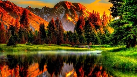 Scenic Sunset - greenery, trees, sunset, nature, lake, mountains, reflection