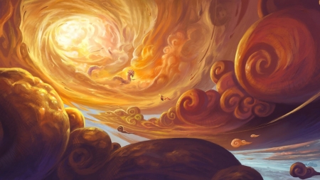 Dragons - cloud, sky, fantasy, yellow, dragon, luminos, sunset