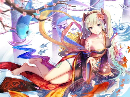 Hatsune Miku - red, flower, fish, anime, girl, hatsune miku, blue, manga