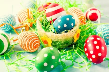 Happy Easter! - yellow, red, blue, easter, green, card, egg, dot