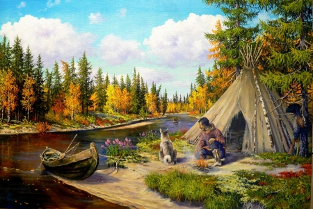 Taiga - yellow, boat, andrey lyakh, taiga, dog, man, tent, river, pictura, autumn, green, painting, caine, art