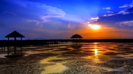 Wonderful Sunset - nature, sky, beach, reflection, sunset, bridges