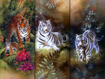 Tiger with Cubs - summer, paintings, cubs, family, big wild cats, collages, forests, nature, tropical, white tigers, tigers, love four seasons, animals