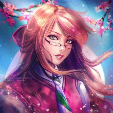 * - girl, anime, pink, glasses