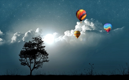 Balloons on cloudy Sky - nature, night, sky, tree