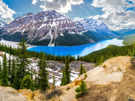 Peyto Lake in Alberta, Canada - lake, clouds, canada, trees, nature, mountain, snow