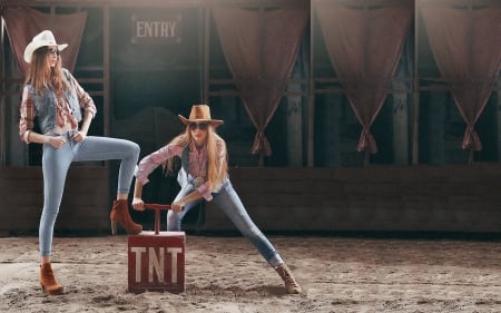 Fearless Cowgirls. . . - women, fun, saloon, female, boots, hats, models, brunettes, western, girls, cowgirl, style, outdoors, blondes, TNT, dynamite