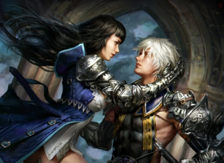 Kiss of the Witch - armor, fantasy, blue, girl, anotherwanderer, couple, man, kiss of the witch