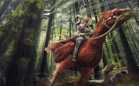 Fantasy girl and bird - red, forest, fantasy, pasare, bird, girl, green