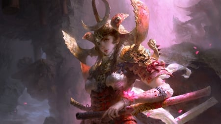 Warrior girl - armor, fantasy, warrior, hgjart, art, asian, pink, luminos