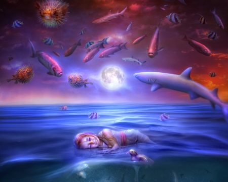 Upside - moon, sky, girl, water, thegirlcansmile, summer, fantasy, upside down, baby, luminos, red, blue, fish, luna, sea, cute