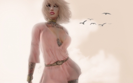 Summer wind - tattoo, bird, summer, girl, blonde, pink, fantasy, wind, woman, rendering, luminos