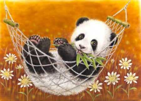 Cute Panda bear - hammock, bear, kayomi harai, black, white, art, orange, panda, animal, cute, flower