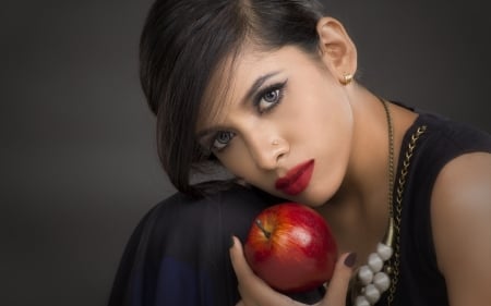 Temptation - woman, girl, lips, black, model, fruit, face, red, apple