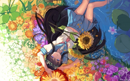 Summer field - sunflower, girl, summer, field, yellow, blue, pink, anime, haraguroi you, manga, flower