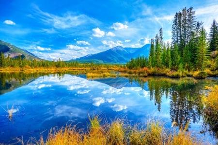 Lake Minnewanka, Banff National Park - alberta, sky, reflection, clouds, canada, mountains