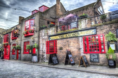 The Anchor Pub, London - clouds, street, house, tables, hdr, sky