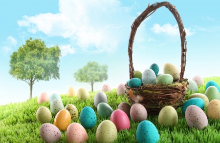 Easter Eggs - clouds, eggs, trees, Easter eggs, grass, Easter, basket, Spring, field, sky