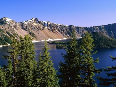 Wizard Island on Crater Lake, Oregon, USA - usa, trees, nature, crater, island, lake, mountains